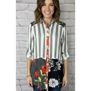 John Mark Boho Patchwork Striped and Floral Print Flowy Blouse
